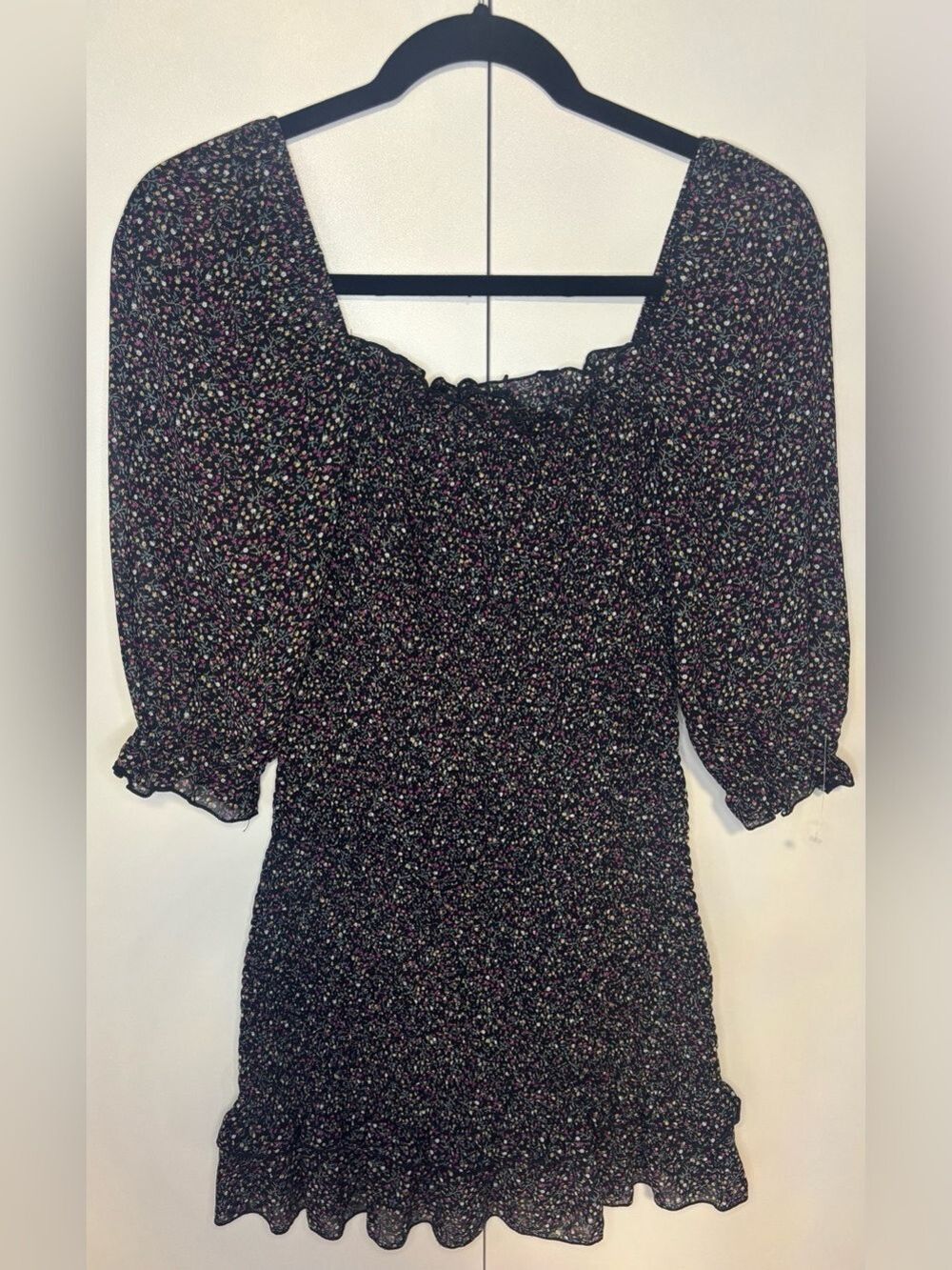 Square Neck Black Floral Long Sleeve Mini Dress